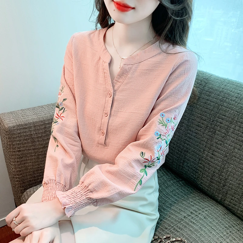 2024春秋新款棉布女士长袖上衣宽松显瘦百搭衬衣刺绣洋气减龄衬衫