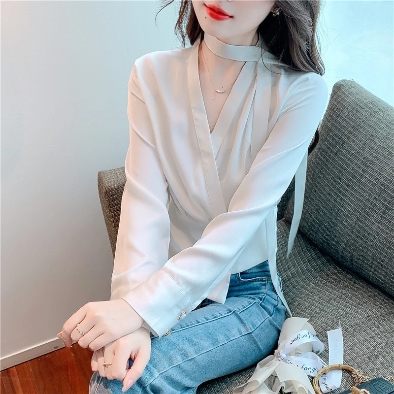 2024春秋新款女士长袖衬衫法式缎面V领系带雪纺小衫别致气质上衣