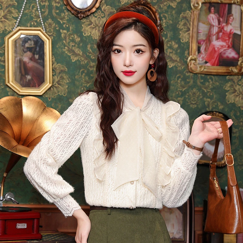 长袖衬衫女蝴蝶结系带春秋2024新款春装女士衬衣蕾丝气质高贵上衣