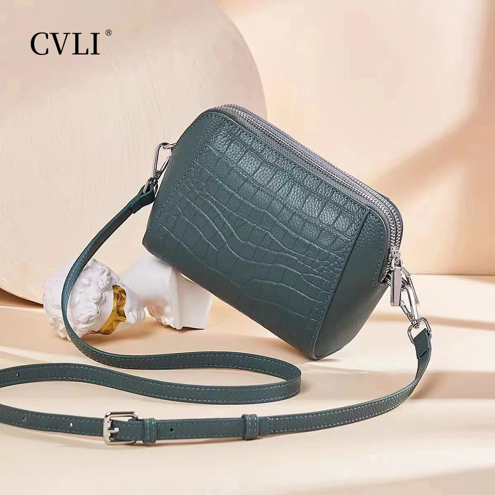 真皮休闲斜挎小包女百搭气质鳄鱼纹双拉链大容量包时尚牛皮肩包