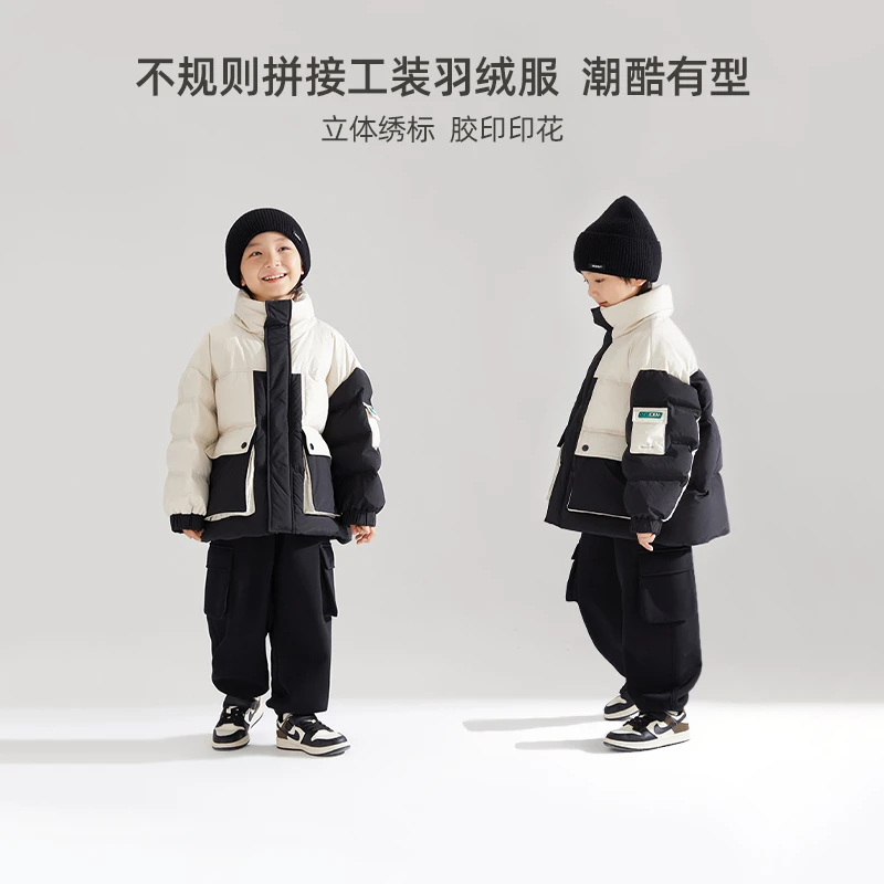 男童工装口袋拼色羽绒服90白鸭绒冬季新款加厚面包服潮M34ZY2239