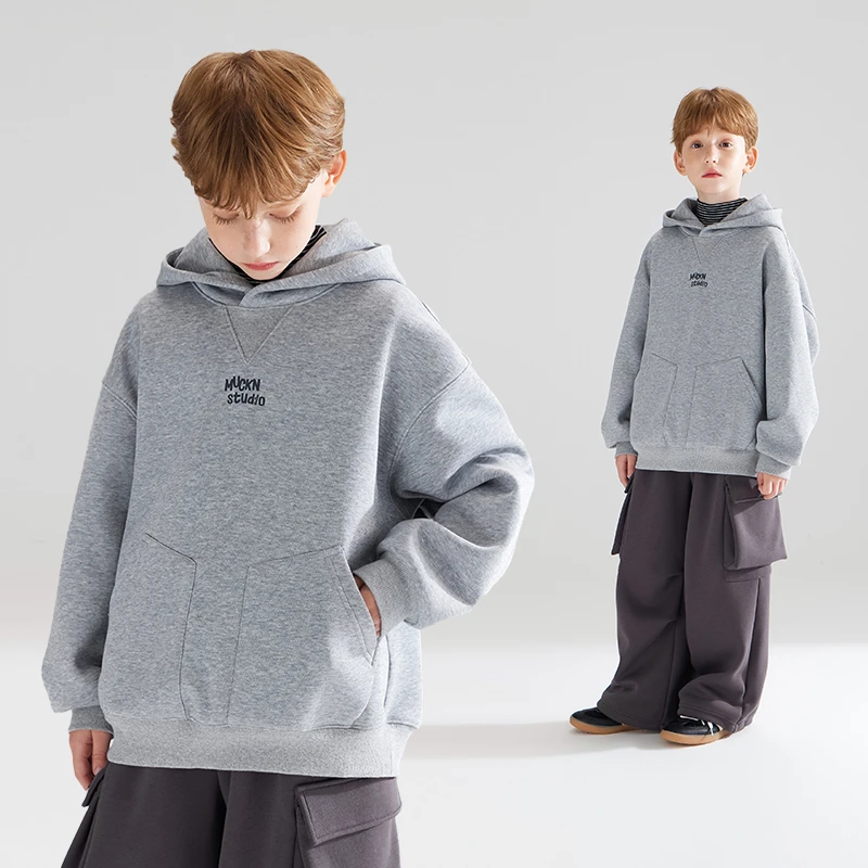 潮牌街头灰色连帽加绒卫衣叠穿神器冬季一体绒男童M44ZH3276