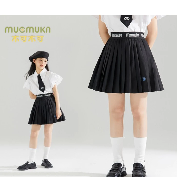 女童学院风黑色百褶裙韩版半身裙酷a字腰裙百搭裙子【M32XQ1162】