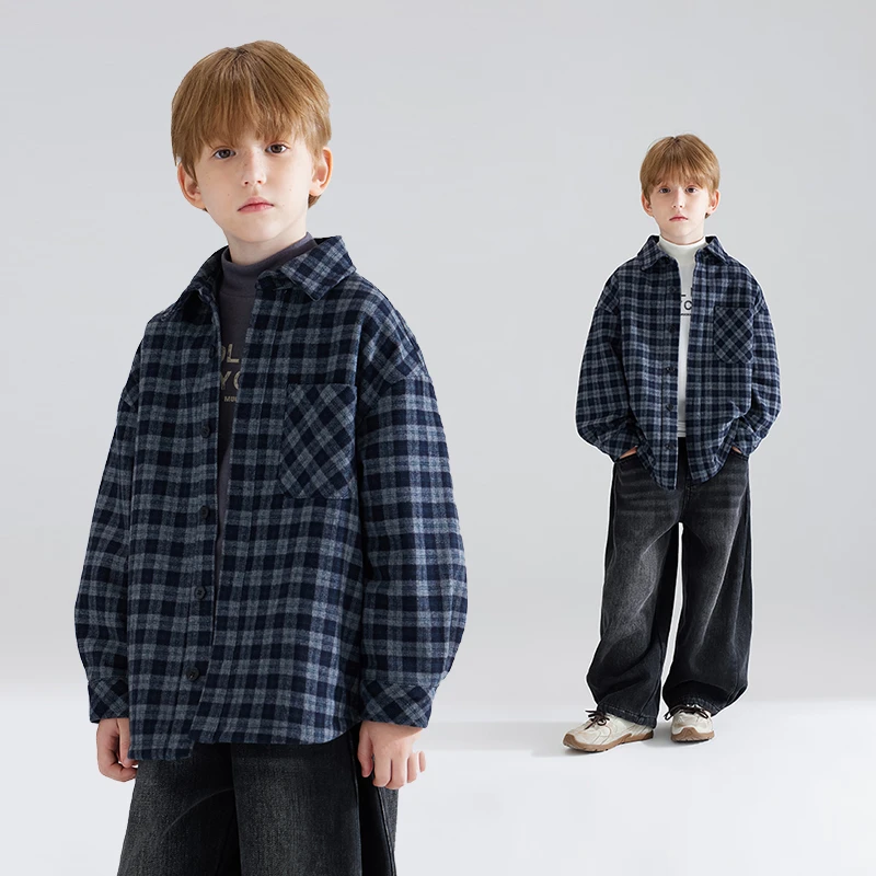 羊毛格纹呢男童夹棉衬衫外套加厚冬季新款儿童棉服M44ZW3082
