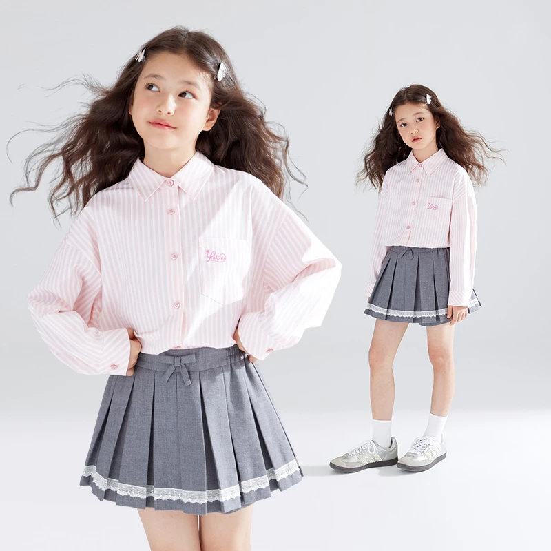 女童学院风条纹衬衫棉中大童粉白条上衣秋季外套M43XC2896