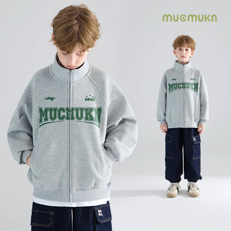 珠地空气层男童美式复古印花卫衣外套秋季立领开衫M43ZW2759