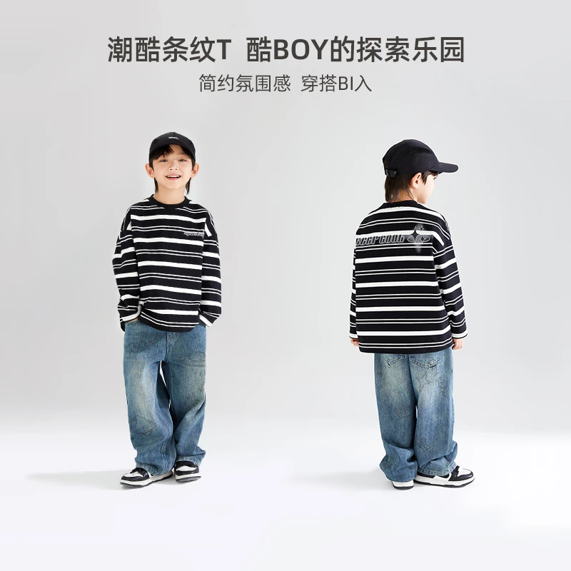 男童复古黑白条纹长袖春季新款紧致高品棉t恤底衫M41ZT1105