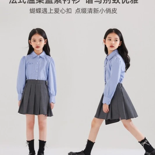 童装女孩长袖衬衣学院风泡泡袖蝴蝶结上衣女童蓝衬衫M21XC1209