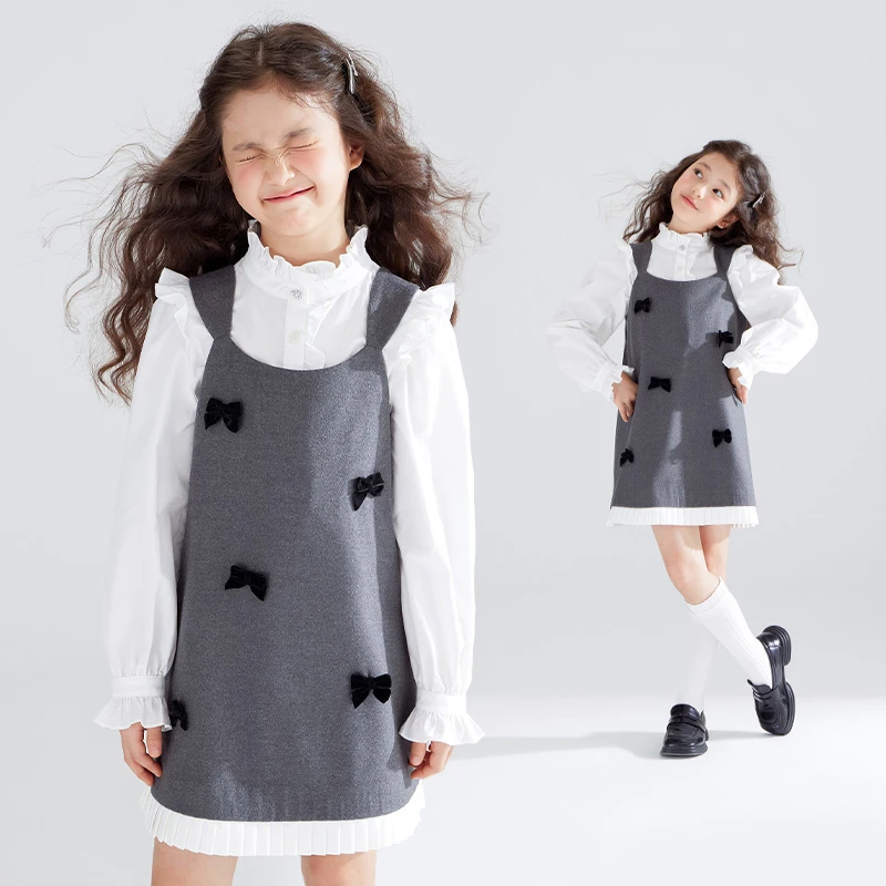 丝绒蝴蝶结学院风背心裙磨毛斜纹女童灰色连衣裙秋M43XQ2972