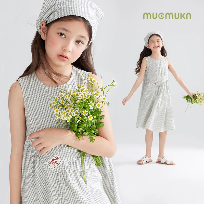 全棉泡泡格纹女童无袖连衣裙夏季复古清新儿童长裙M42XQ2589