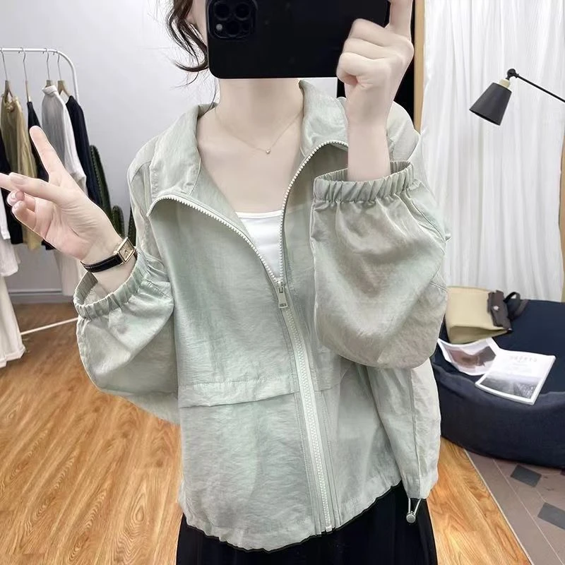 夏装薄款立领防晒衫女2023韩系宽松上衣防紫外线开衫抽绳外套女