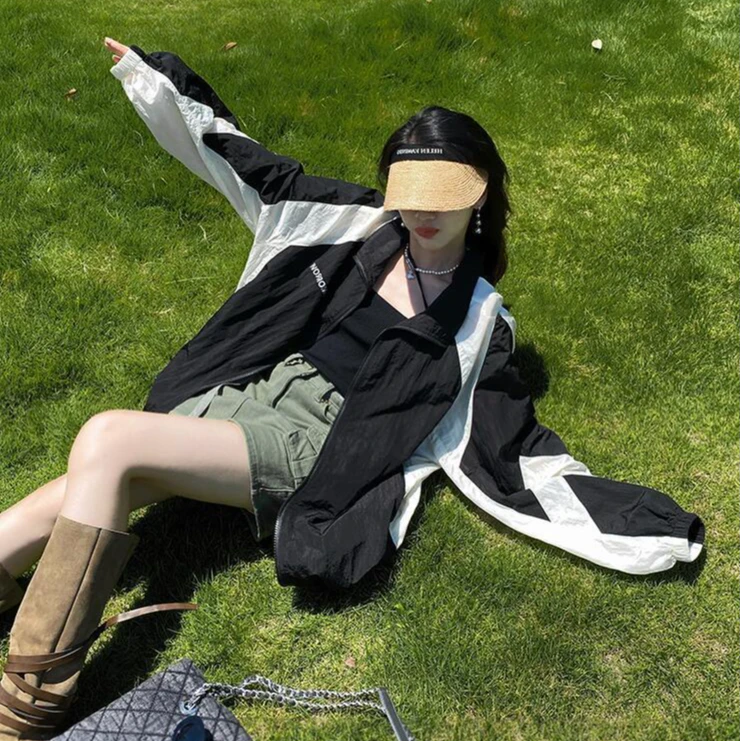 轻薄舒适撞色连帽宽松短外套防晒衣女薄款2024夏季新款上衣防晒服