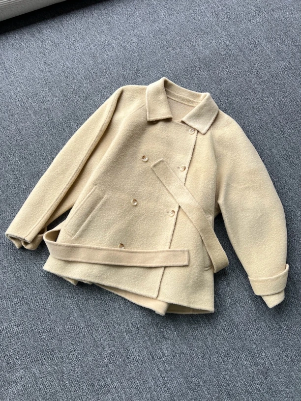 秋冬新款双排扣外套宽松系带中长款大衣女装