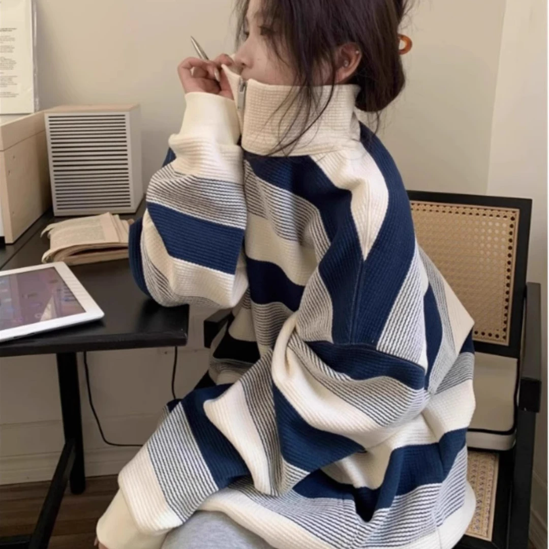 韩系慵懒风条纹卫衣外套女春秋大码cleanfit显瘦中长款遮屁股上衣