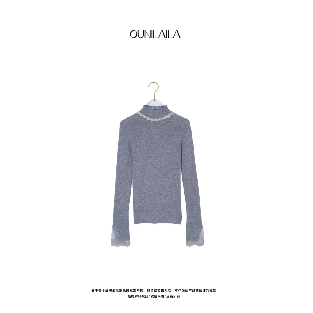 欧尼家 【雅】珠艺系类蕾丝拼接针织衫 / 极简秋冬百搭时尚上衣