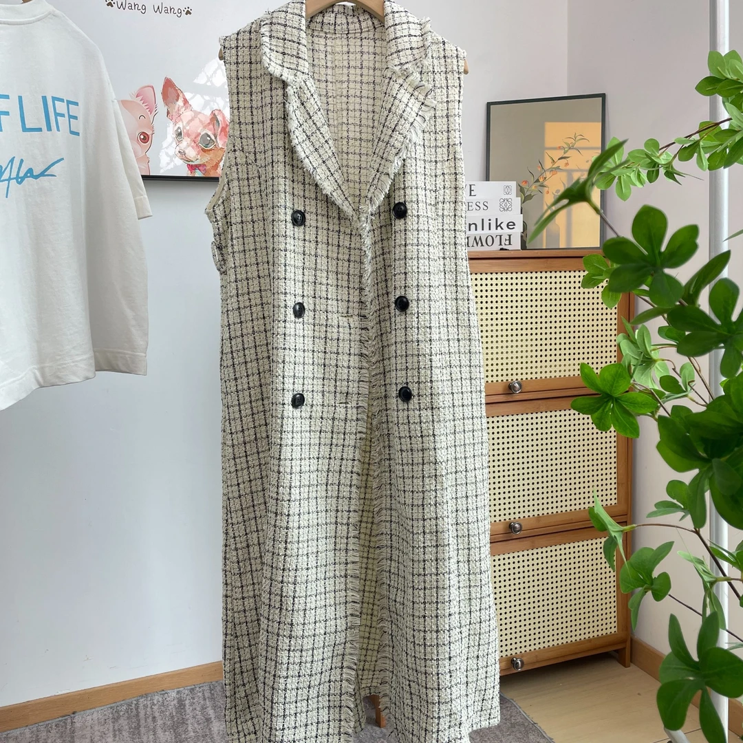 森系长款设计款小香风针织马甲风衣外套带腰带小香风小香风格子