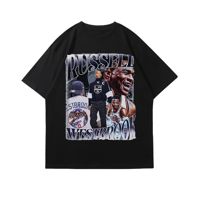 威少维斯布鲁克美式复古纯棉短袖T恤男士潮流球衣男女学生打底衫T