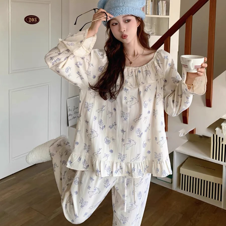 【婴儿双层软棉纱】纯棉春秋款睡衣女士长袖长裤圆领套头家居服两件