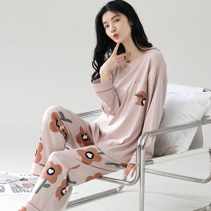 春秋新款纯棉睡衣女大码宽松简约舒适圆领长袖家居服秋天薄款套装