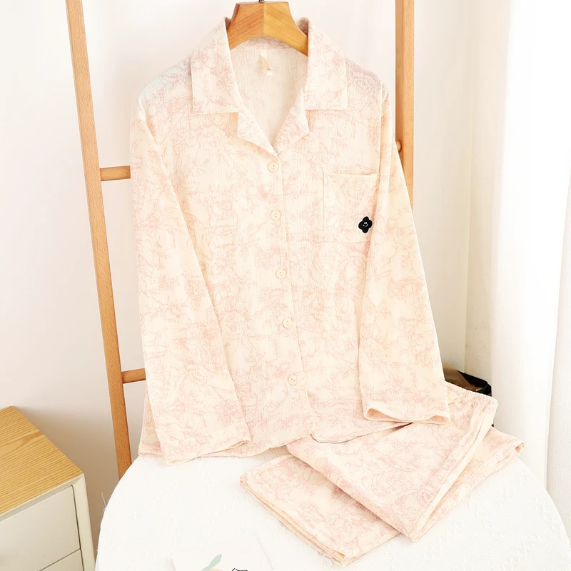 【婴儿双层软棉纱】纯棉春秋睡衣女棉长袖长裤翻领开衫薄款家居服