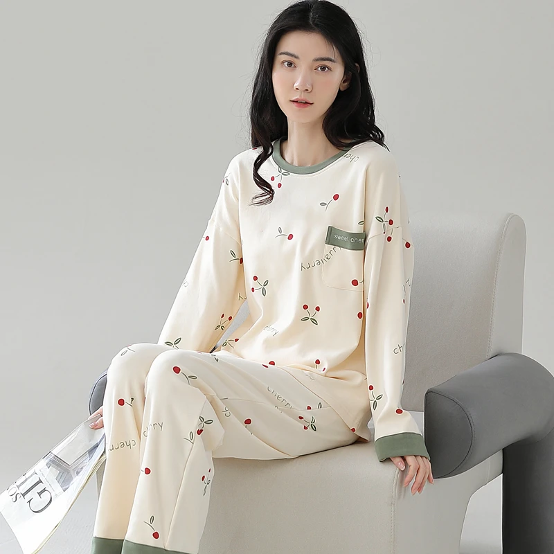 纯棉睡衣女士春秋季时尚简约薄款长袖长裤圆领休闲套装居家可外穿