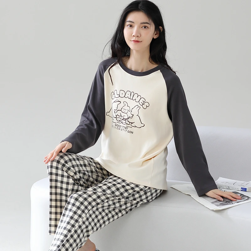 纯棉女士睡衣春秋新款简约休闲圆领套头薄款可外穿长袖长裤家居服