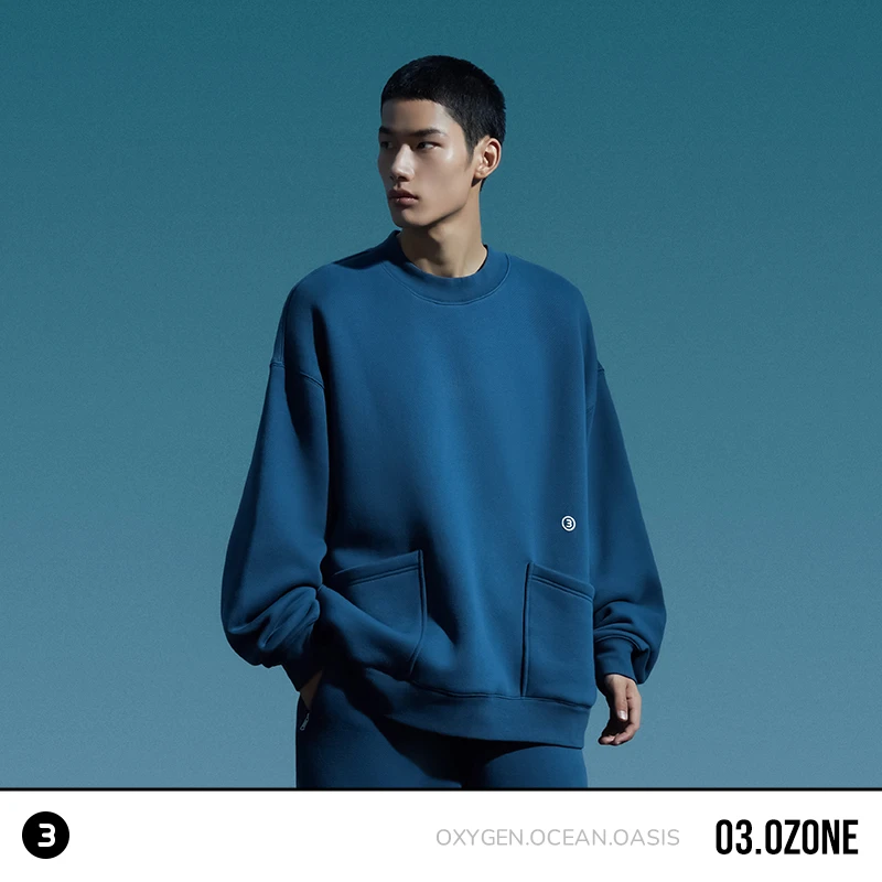 OZONE臭氧 O₃ 内里一体绒情侣款保暖百搭双贴袋圆领印花休闲卫衣