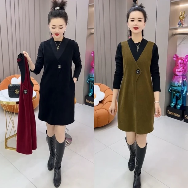 2024秋冬新款假两件显瘦连衣裙宽松撞色拼接洋气大码打底裙