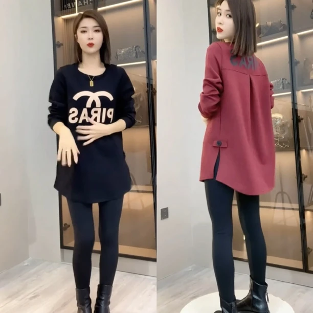 2024秋冬新款时尚字母印花圆领中长款卫衣洋气百搭显瘦T恤衫上衣