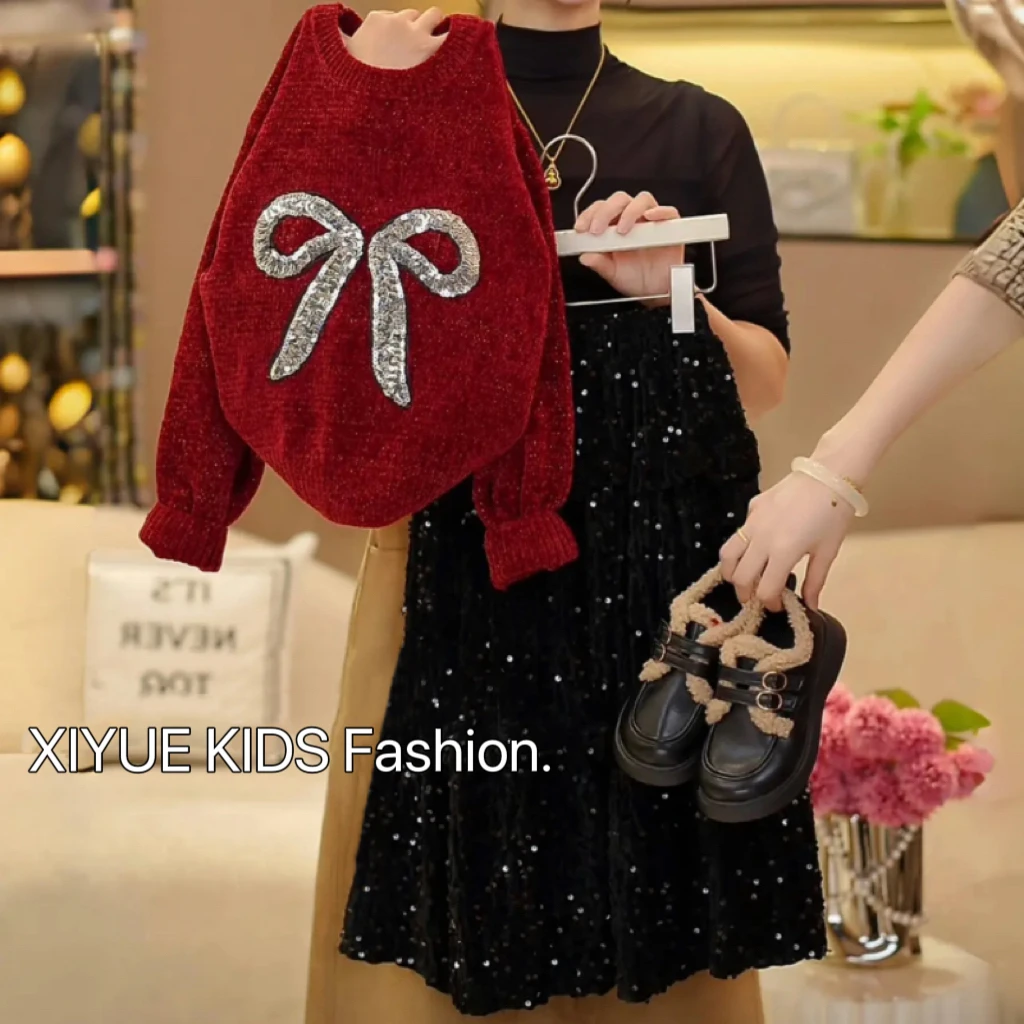 韩版女童装洋气套装2025新款爆款红色过年秋冬装小女孩裙子两件套