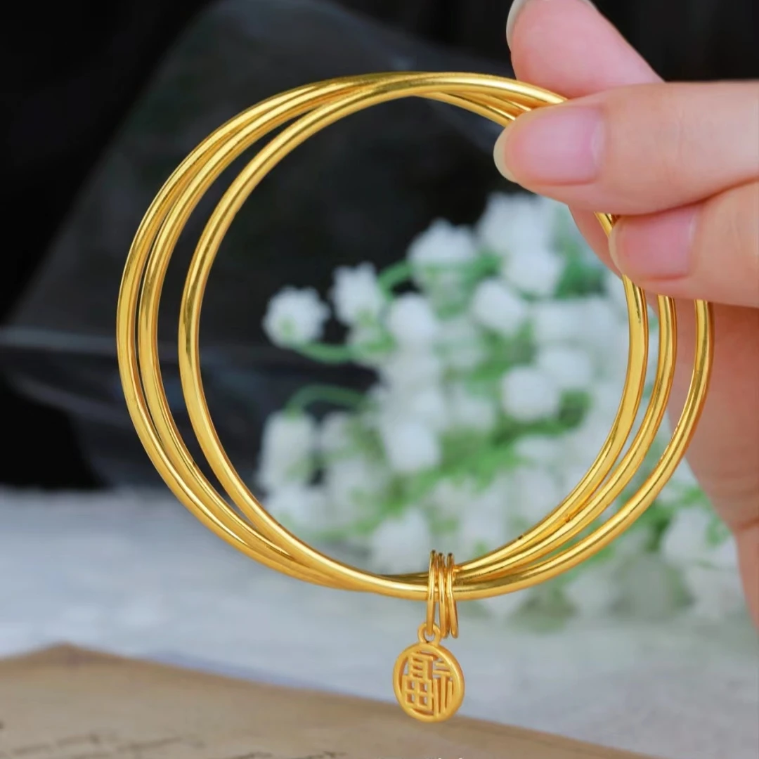 铜合金手镯 三生三世手镯福字手环素圈百搭小福牌古法镯子