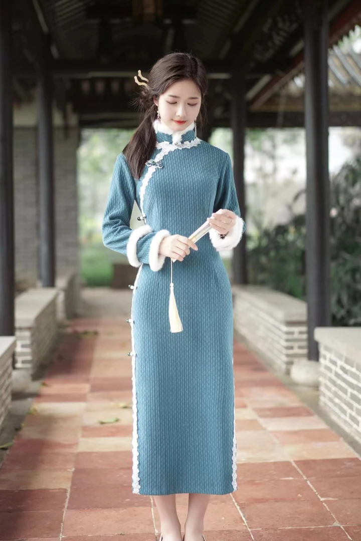 冬季唯美毛毛领新款加厚冬天改良新中式长袖粉色雾霾蓝国风高贵女