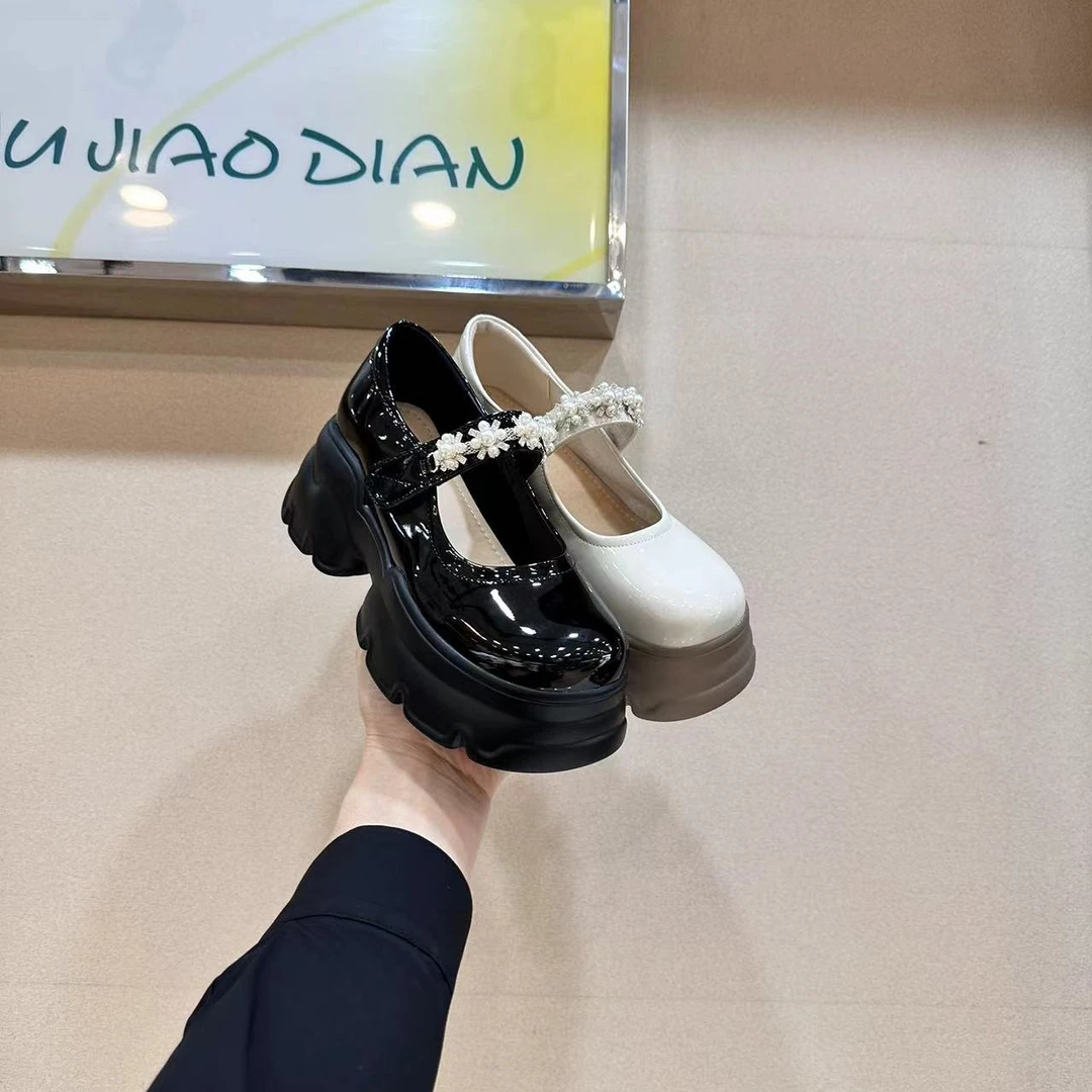 欧洲站松糕厚底玛丽珍女鞋2024春季新款单鞋珍珠水钻时尚潮流百搭