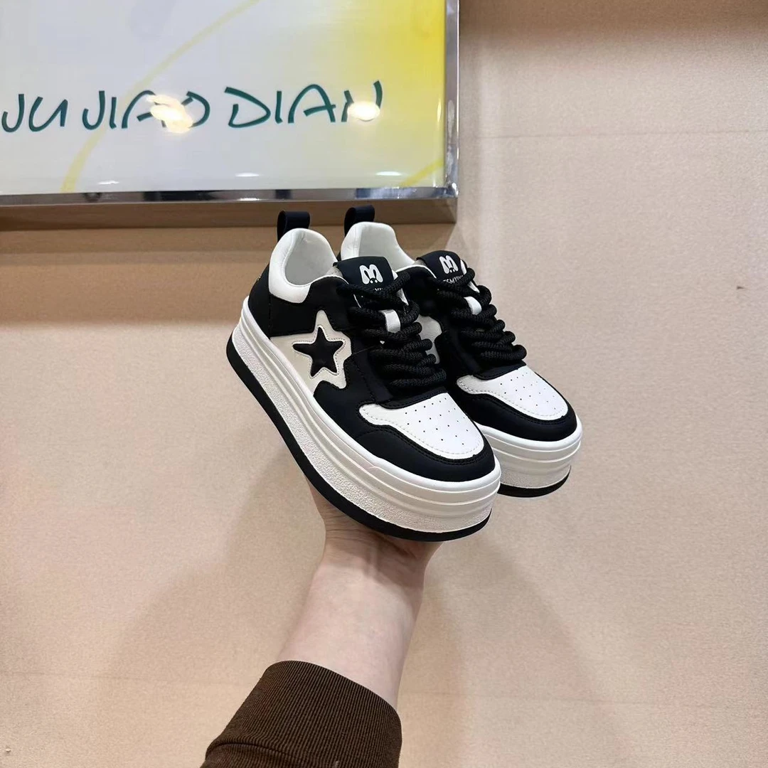 2024春季新款松糕厚底黑白拼色板鞋系带圆头时尚百搭潮流女鞋