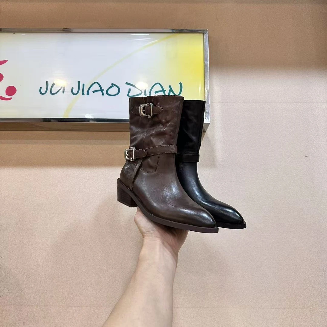 欧洲站真皮马丁靴女2024冬季新款粗跟尖头皮带扣套筒中筒骑士靴潮