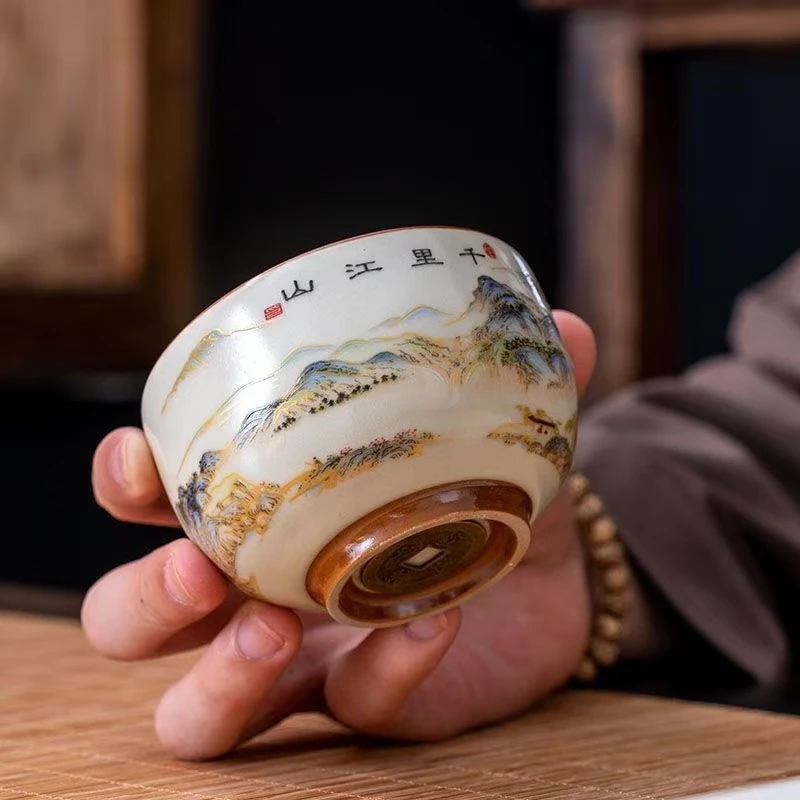 黄汝窑千里江山铜钱禅定杯主人杯茶杯
