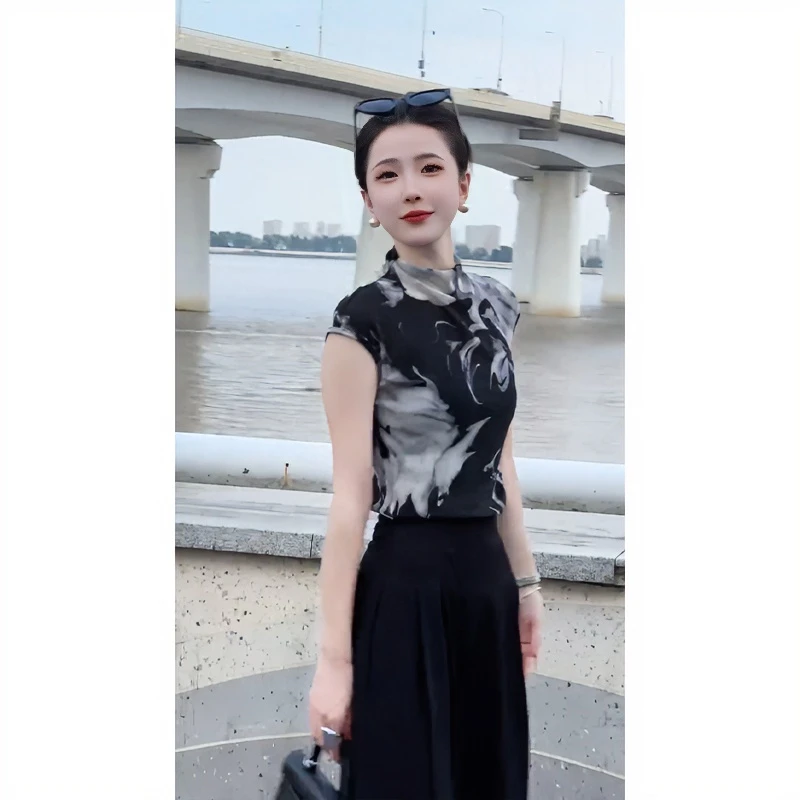 欧货水墨画小衫显瘦气质网红时尚打底夏季复古印花黑色中国风高领