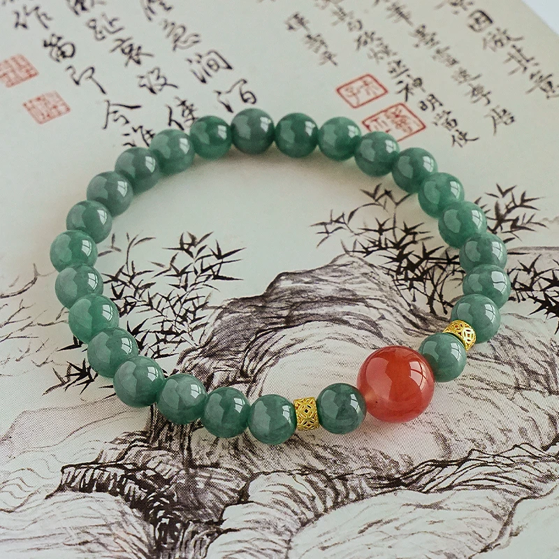 绿色时尚老型百搭蓝水翡翠搭配南红单圈女款绿色手链手作-7677
