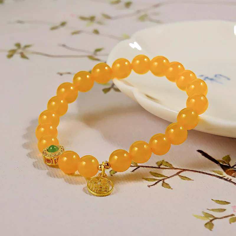 轻奢气质时尚百搭黄玛瑙配小福牌单圈手链  -6627