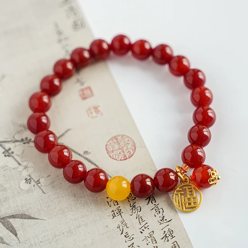 红玛瑙搭配黄玛瑙小福牌手链 多样性发一-7369