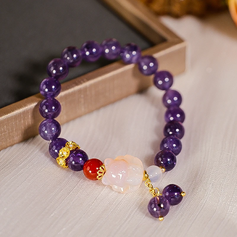 天然紫手链紫水晶手串可爱阿狸配饰红玛瑙串珠轻奢时尚简约-5909