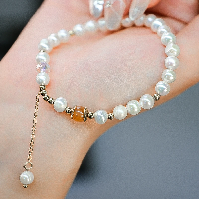 气质轻奢淡水珍珠手链草莓晶转珠手工时尚百搭白色手饰-5908