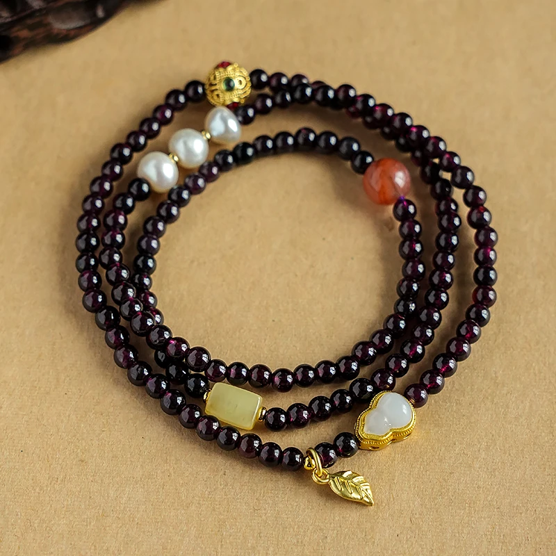 百搭款石榴石搭配蜜蜡手工多圈手链 -7448