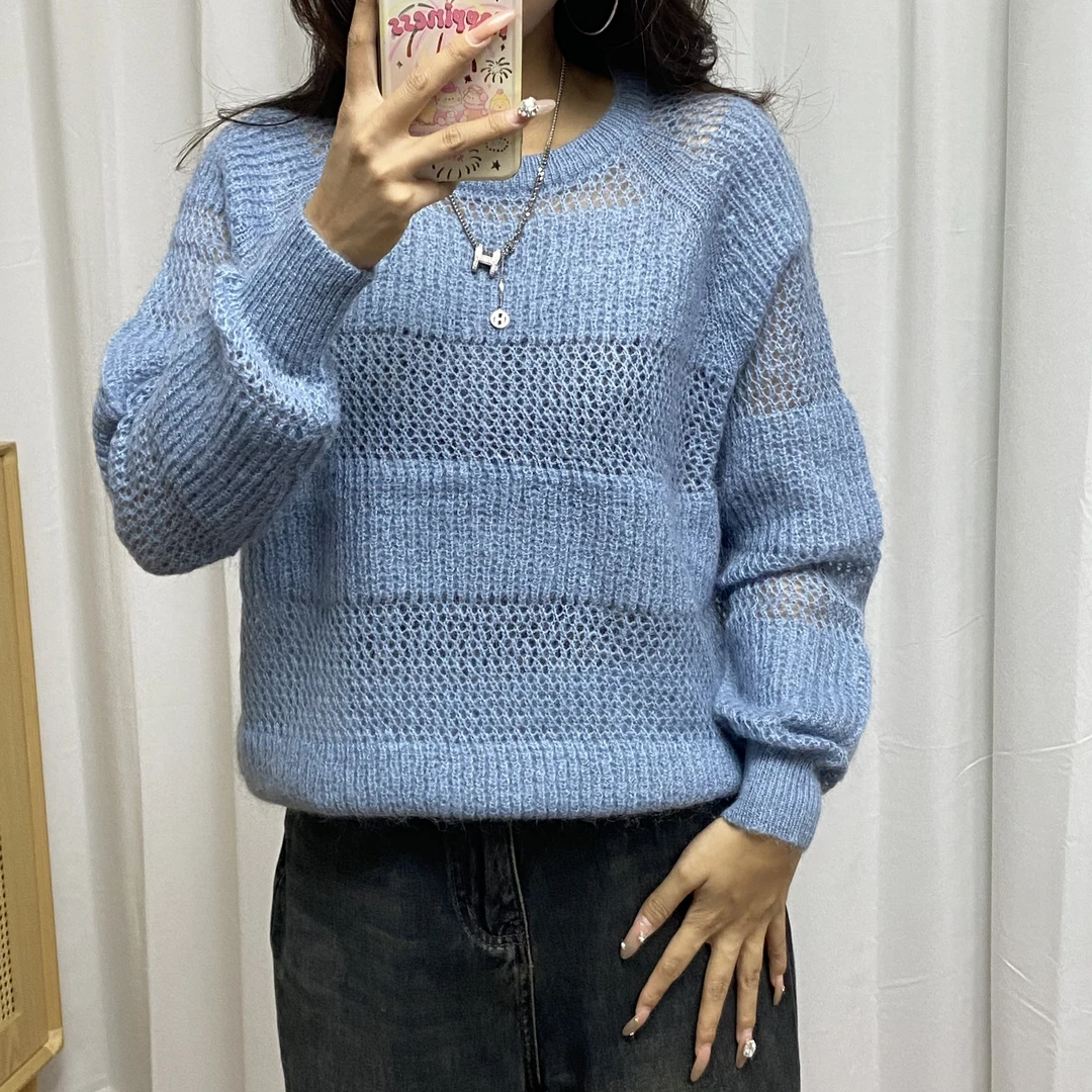早秋圆领镂空毛衣马海毛女装2024新款罩衫网红针织时尚秋冬套头