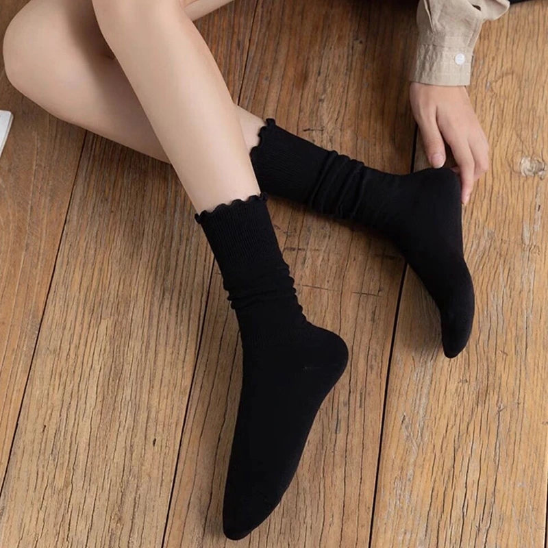 秋冬花边袜子女中筒棉黑色长筒堆堆袜百搭ins潮松口月子保暖袜jk