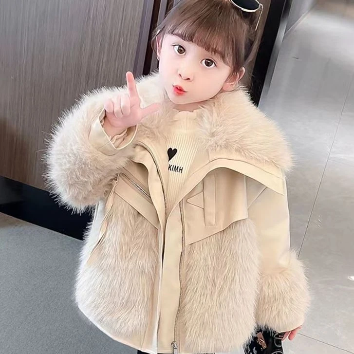 K4-女童外套秋冬款2023新款冬季夹棉冬装宝宝洋气儿童皮毛一体厚