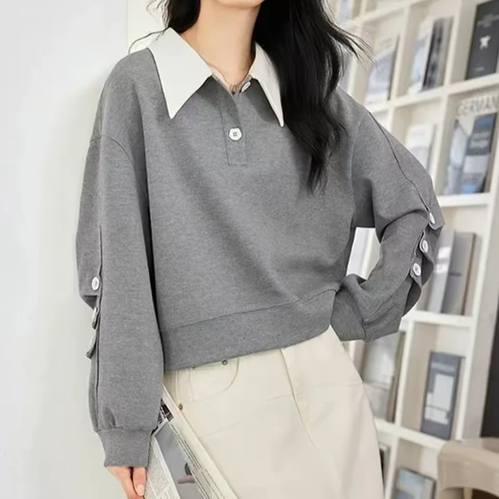 灰色高领卫衣女2025新款洋气高级感收腰气质长袖百搭打底ins上衣