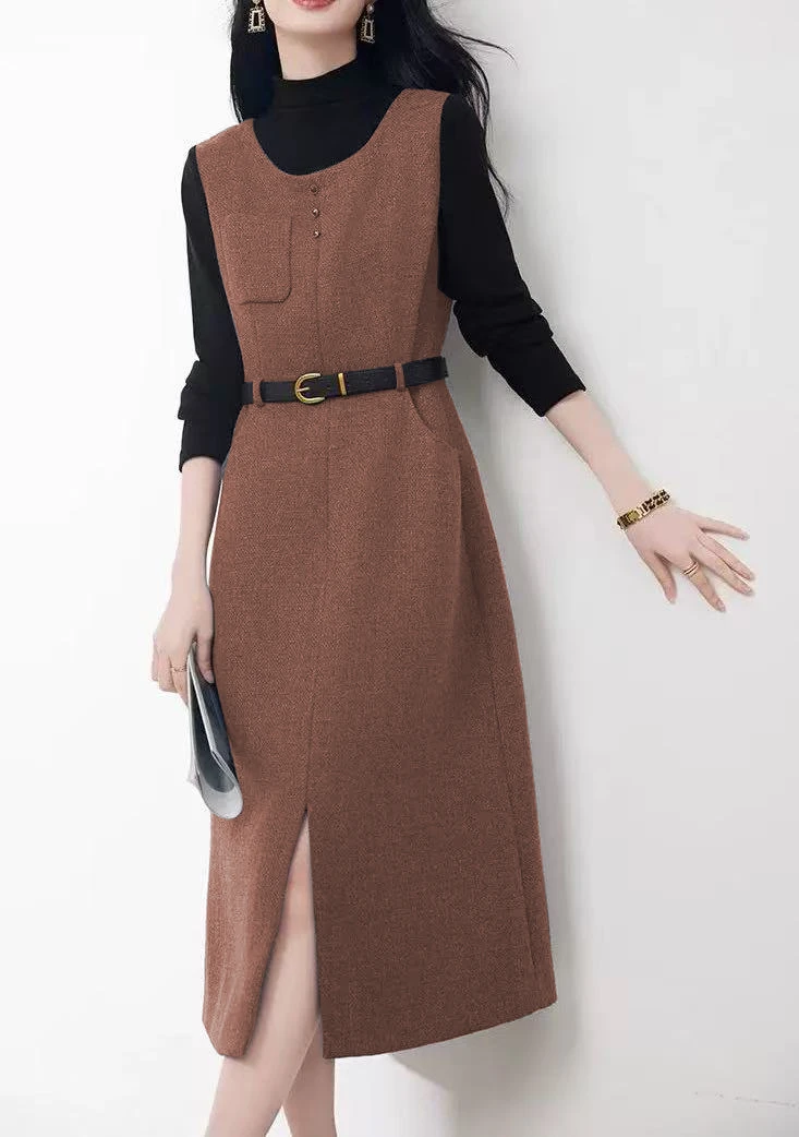 假两件连衣裙2025秋冬新款气质收腰显瘦百搭半高领中长款减龄裙