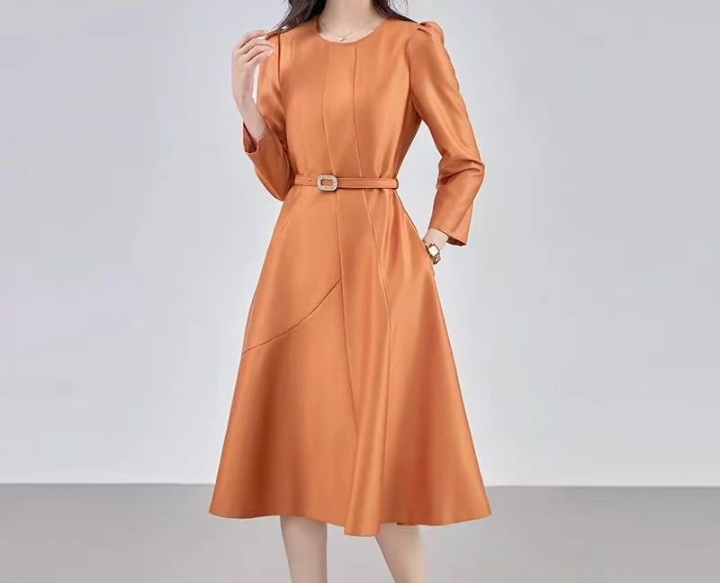橙色系带遮腰修身连衣裙女士秋冬季修身显瘦气质连衣长裙时尚