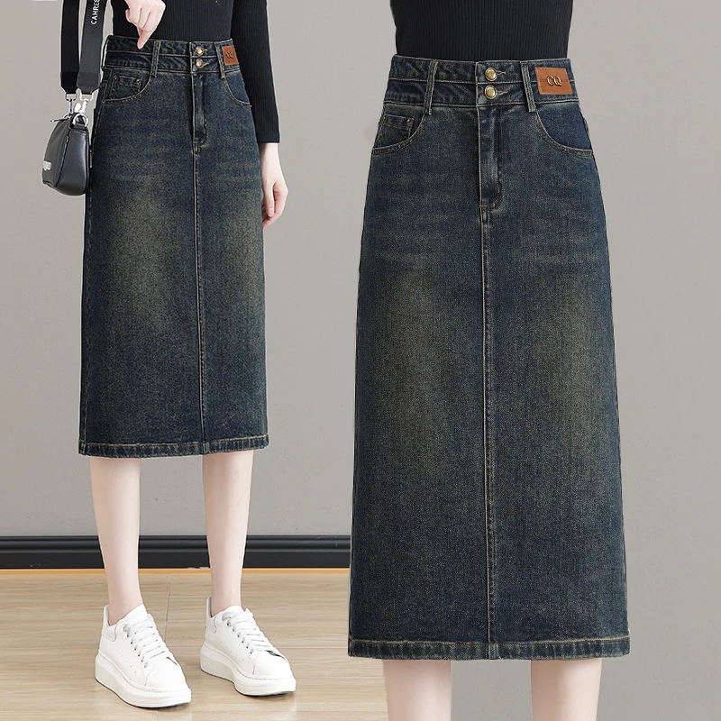 复古牛仔包臀裙女2024春秋新款高腰a字中长款开叉大码显瘦半身裙